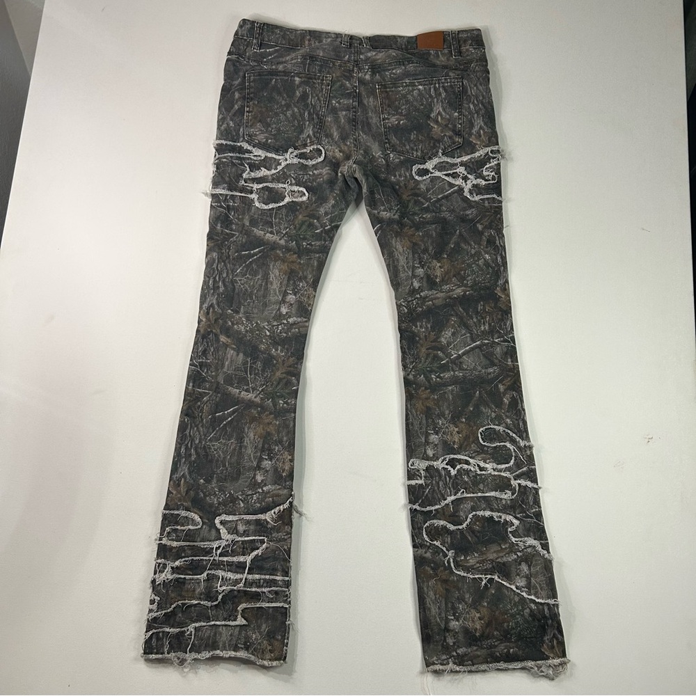 Crysp Denim Jeans Mens 36 X 33 Green Leaf Army Camouflage Thrash Distressed NEW - Picture 7 of 7